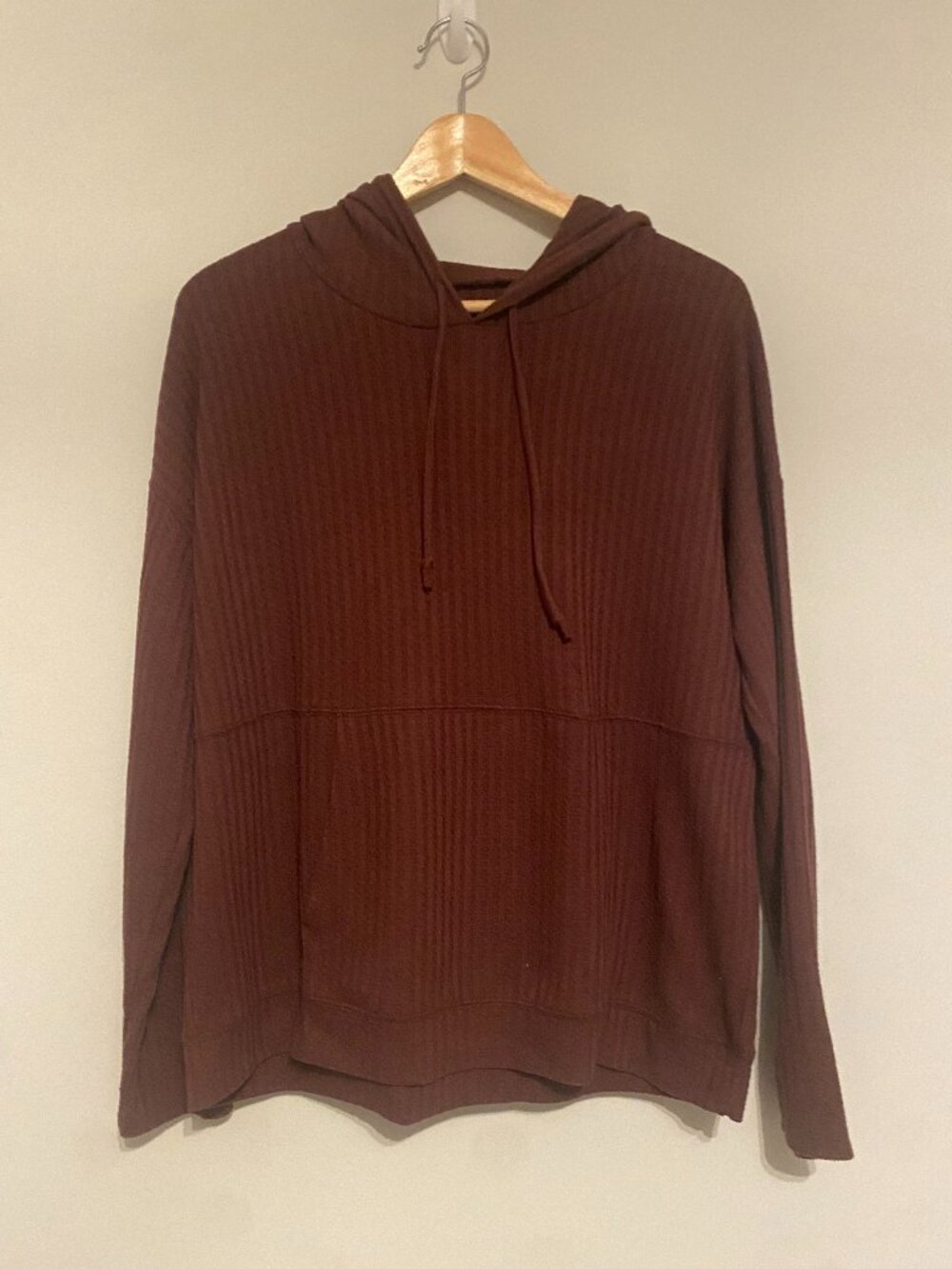 Waffle Knit Hooded Pullover Sweatshirt, Large, Burgundy
